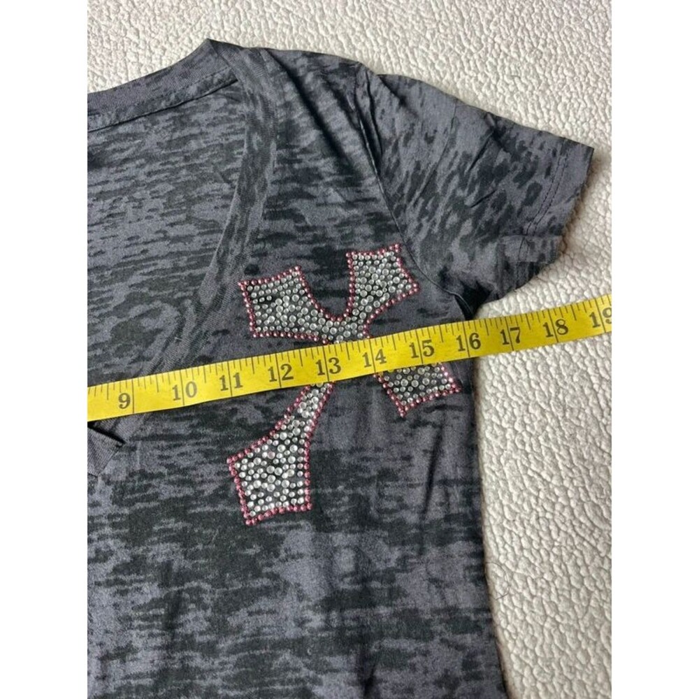 Vintage 2000s Next Level Rhinestone Cross Wing Grey Tshirt Womens Medium - Picture 8 of 8